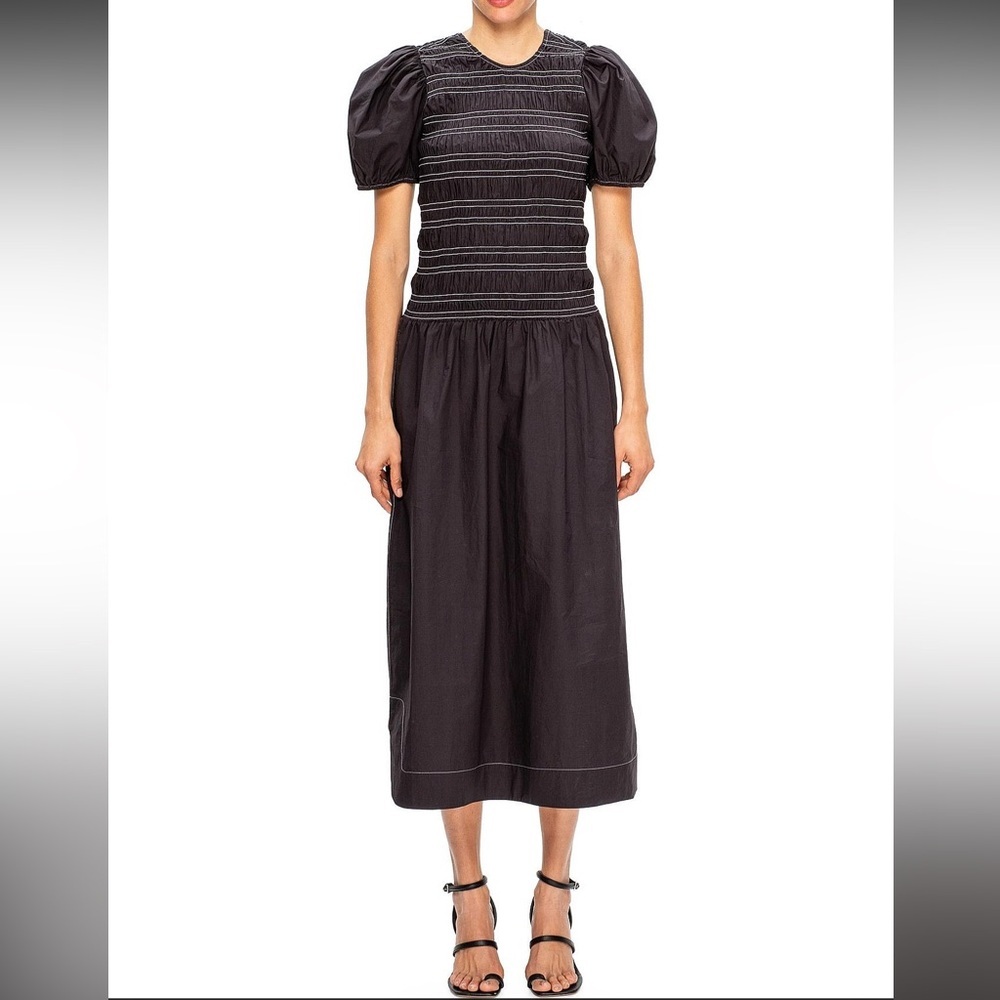 GANNI Black Smocked Puff Sleeve Midi Dress Size 40 / large Made in India